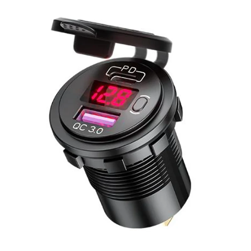 

PD Type C 48W Dual USB Car Charger Socket, QC 3.0 Car Fast Charger with Voltmeter and Switch for Boat Truck RV,Red