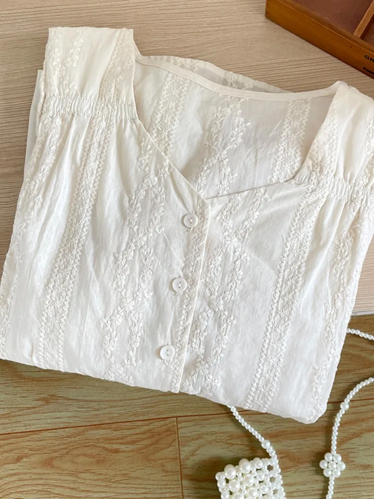 Топ из хлопка и льна с коротким рукавом Женская модная рубашка в западном стиле