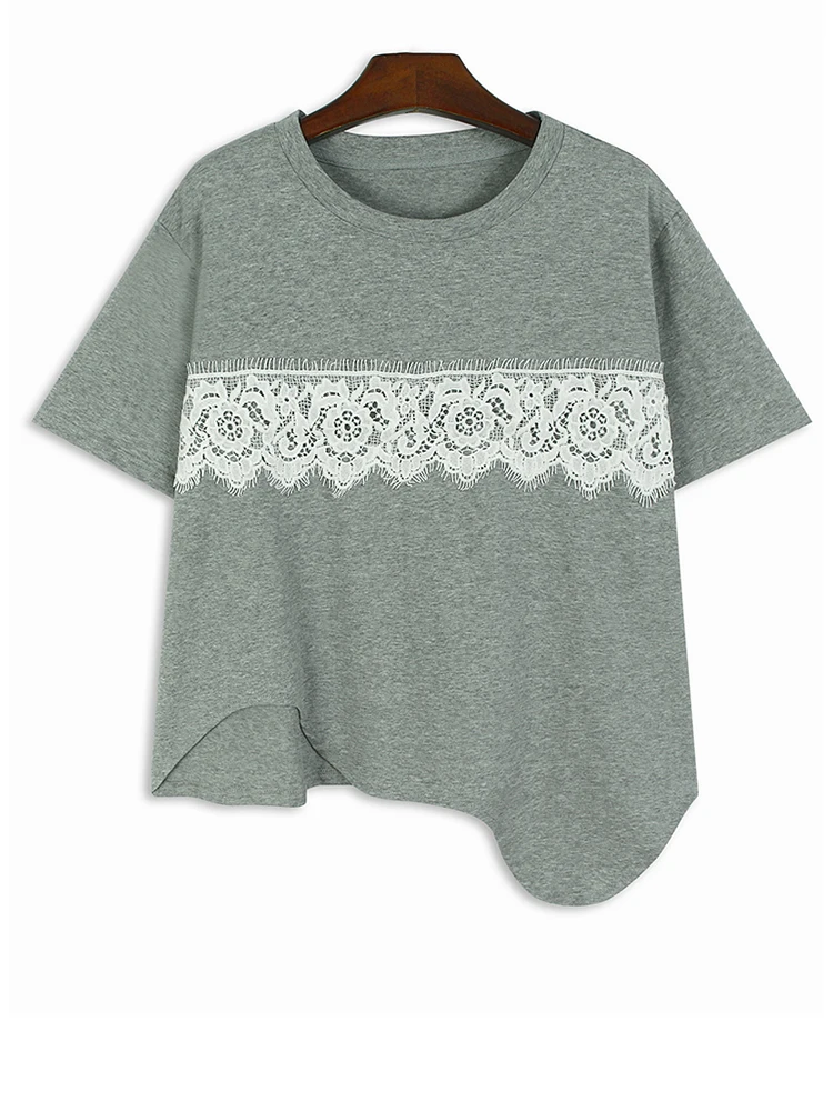 Женская Асимметричная Кружевная футболка с круглым вырезом и коротким рукавом