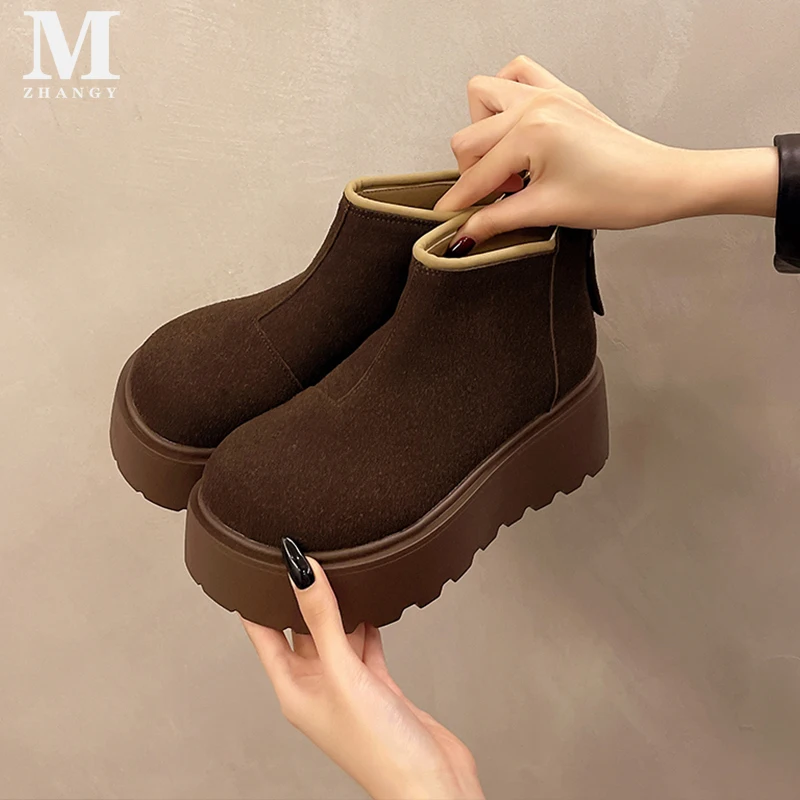 Женские ботинки на плоской подошве платформе ботильоны зимняя замша теплая