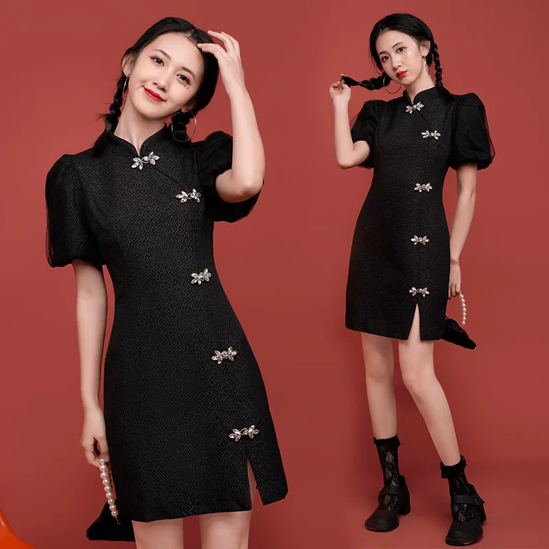 

FZSLCYIYI Vintage Black Embroidery Chinese Traditional Qipao Casual Party Women Midi Dress Summer Cheongsam Dresses