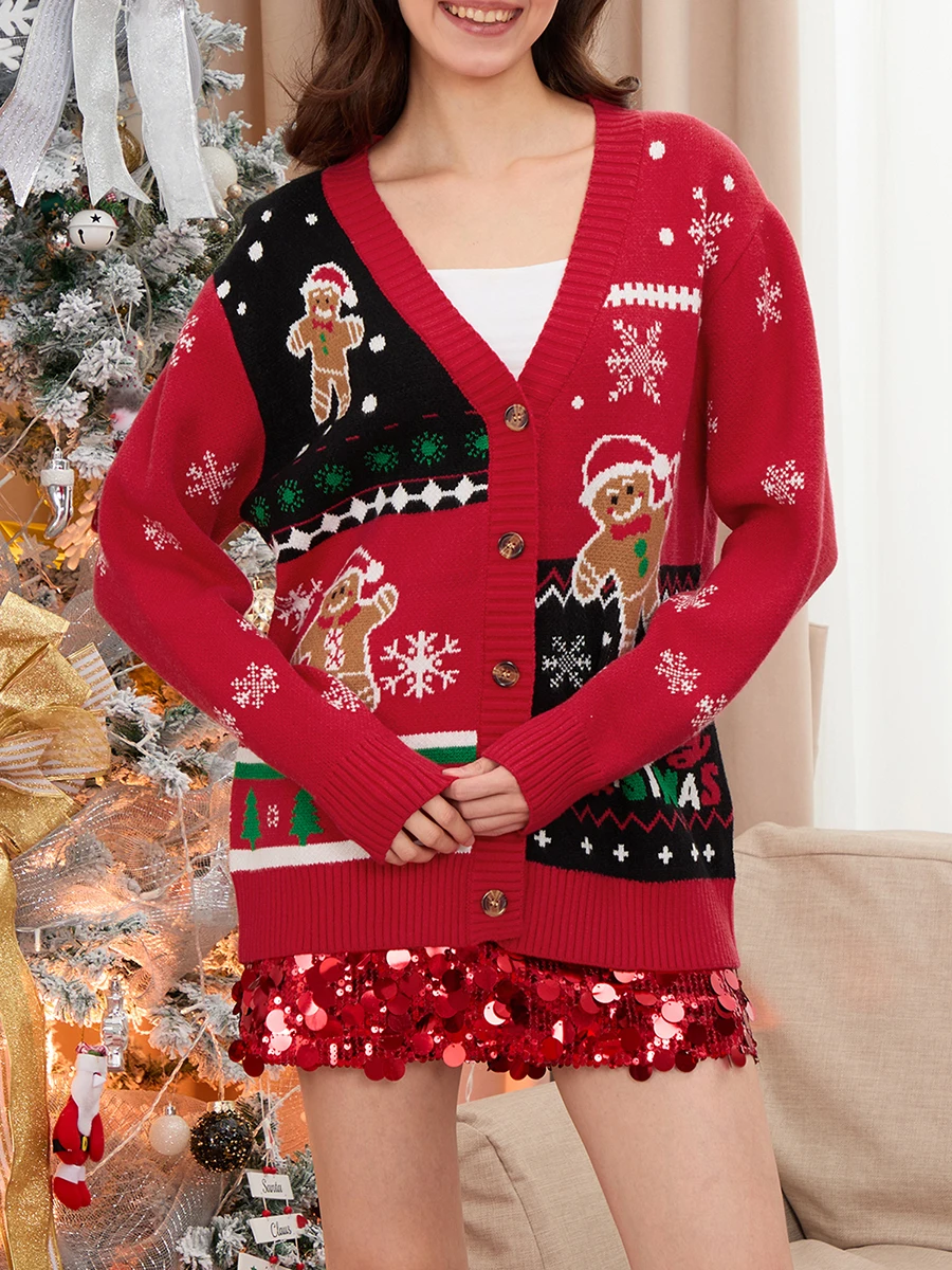 Женский рождественский кардиган свитера пряничный мужской узор ребристая