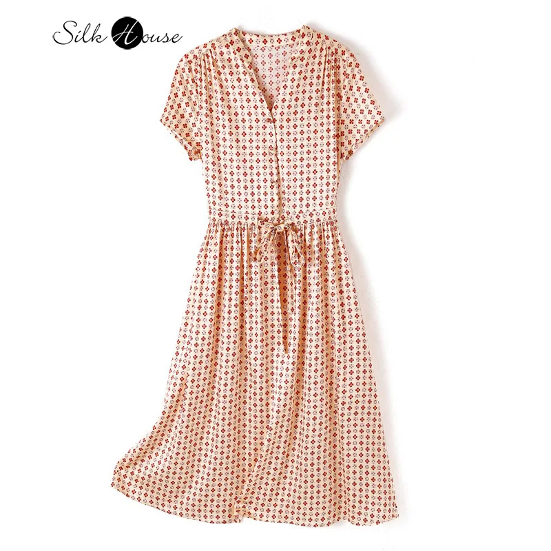 Heavy Mulberry Silk Satin Dress Women's Print Lace Up  Dress for Women  Party Dress  Summer Dress