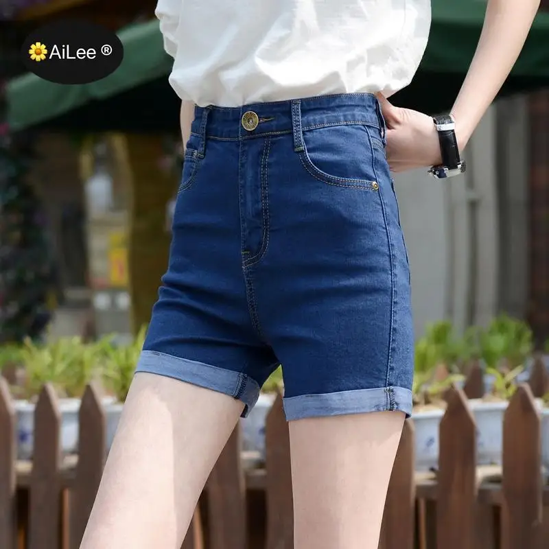 Summer women fashion straight high waist hell rolled up denim shorts female trendy skinny jean casual bottom student shorts