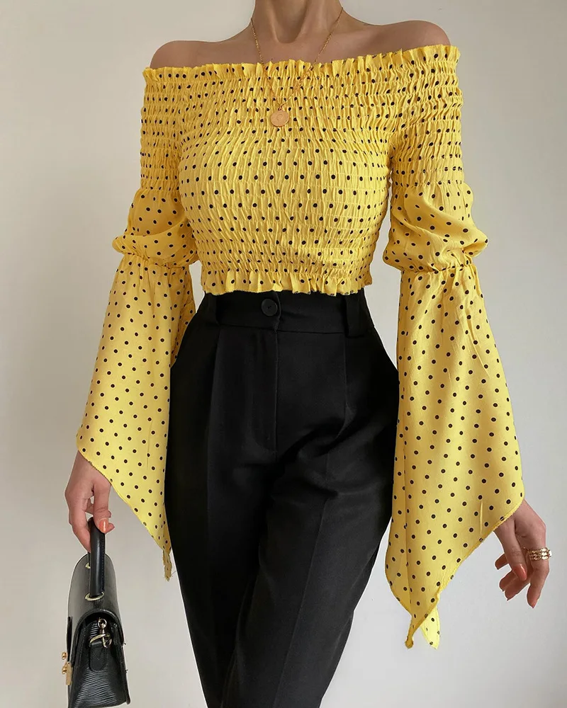 

Slash Neck Strapless Sexy Summer Spring Polka Dot Print Bell Sleeve Shirred Off Shoulder Top Fashion Casual Women Blouse Tops