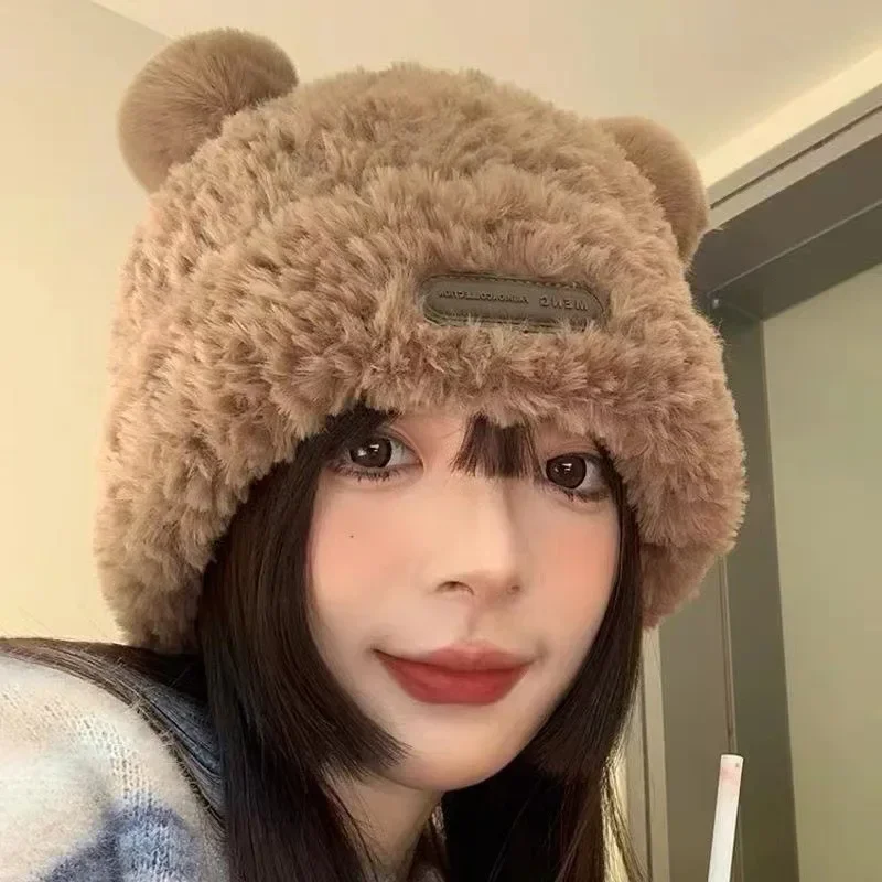Милая осенне-зимняя вязаная шерстяная шапка с медведем и защитой ушей женская