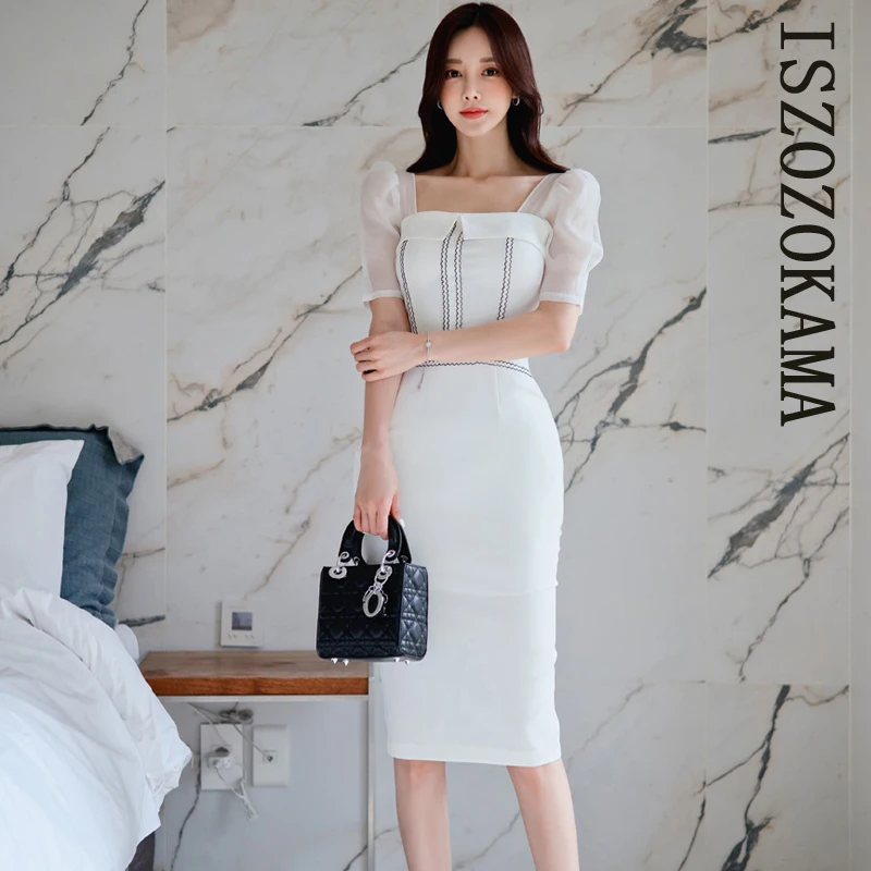 

ISZOZOKAMA office white tight Dress one piece korean ladies summer short Sleeve lace cabaret party bodycon Dresses for women