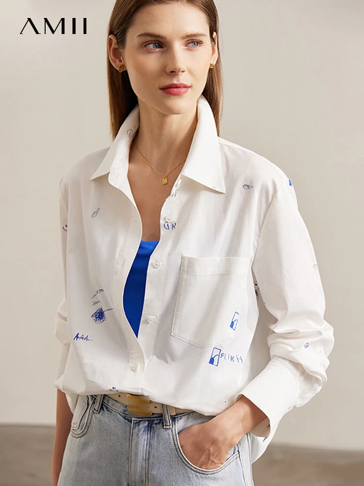 AMII Minimalism 2023 Spring New White Shirts & Blouses Long Sleeves 100% Cotton Women's Shirt Printed Female Clothing 12371067
