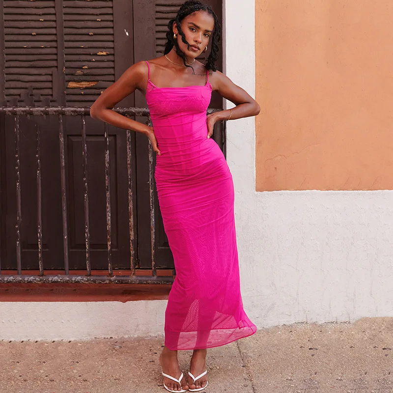 

Женское длинное Сетчатое платье, розово-красное элегантное модное облегающее вечернее платье на бретелях-спагетти, сексуальное прозрачное платье макси без рукавов