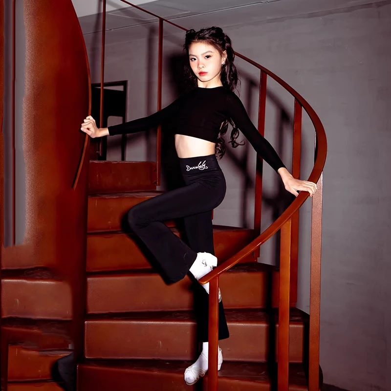 Костюм для латинских танцев девочек черный сетчатый топ с открытой спиной