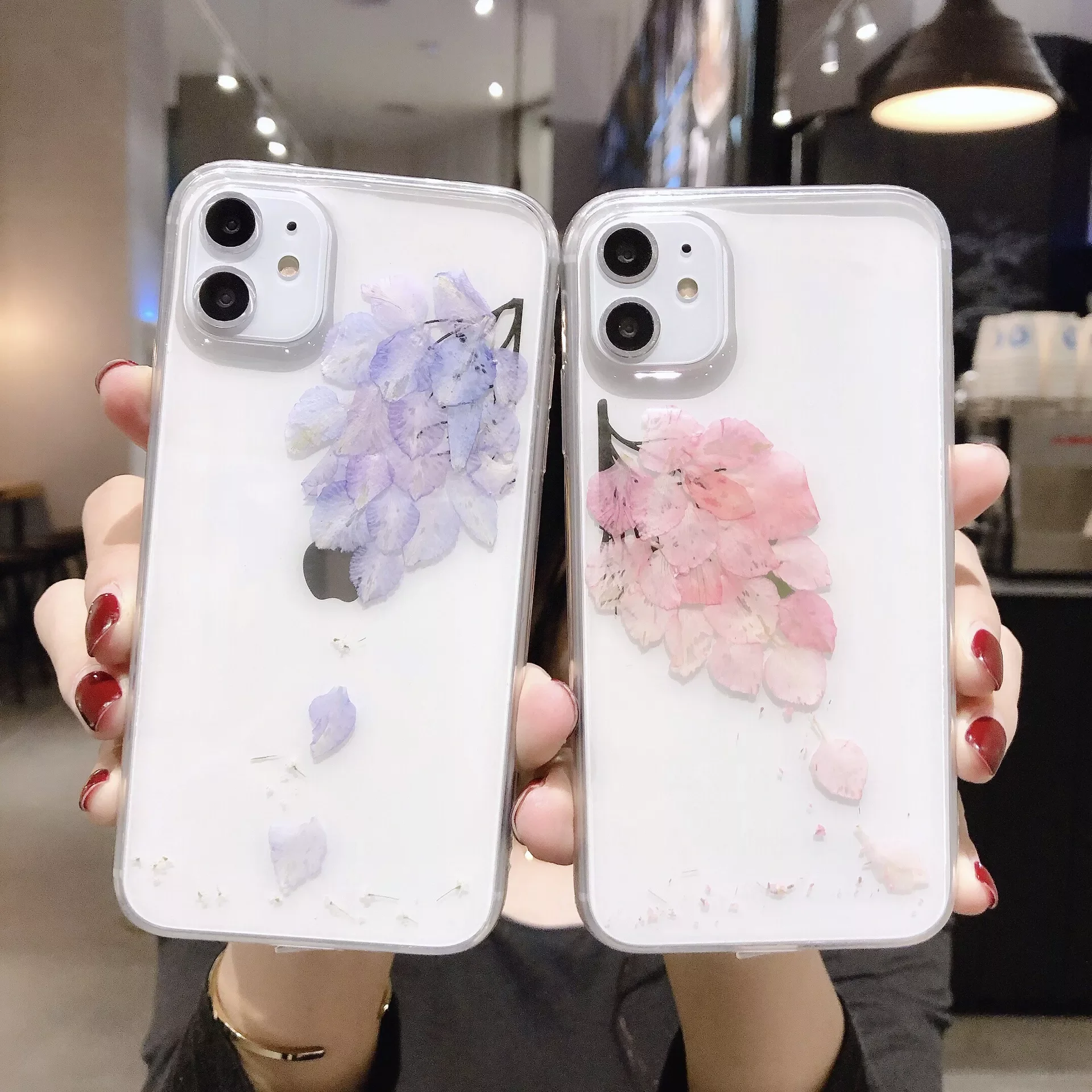 

Funda Case for iPhone 13 Pro Max 11 12 Pro XS Max XR 7 8 Plus Cherry Blossom Leaves Epoxy Real Flower Coque Phone Case Cover