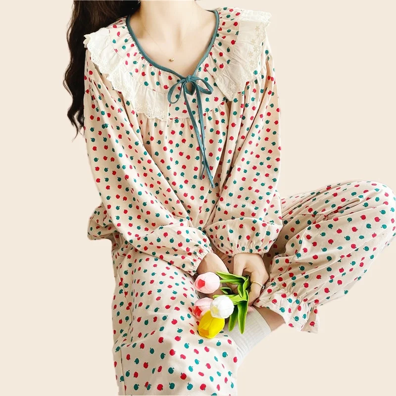 

Women's Pajamas Set Full Sleeve T-shirt Long Pants Sexy Lace Princess Neck Cartoon Print Pyjama Big Size Homewear Cozy PJS