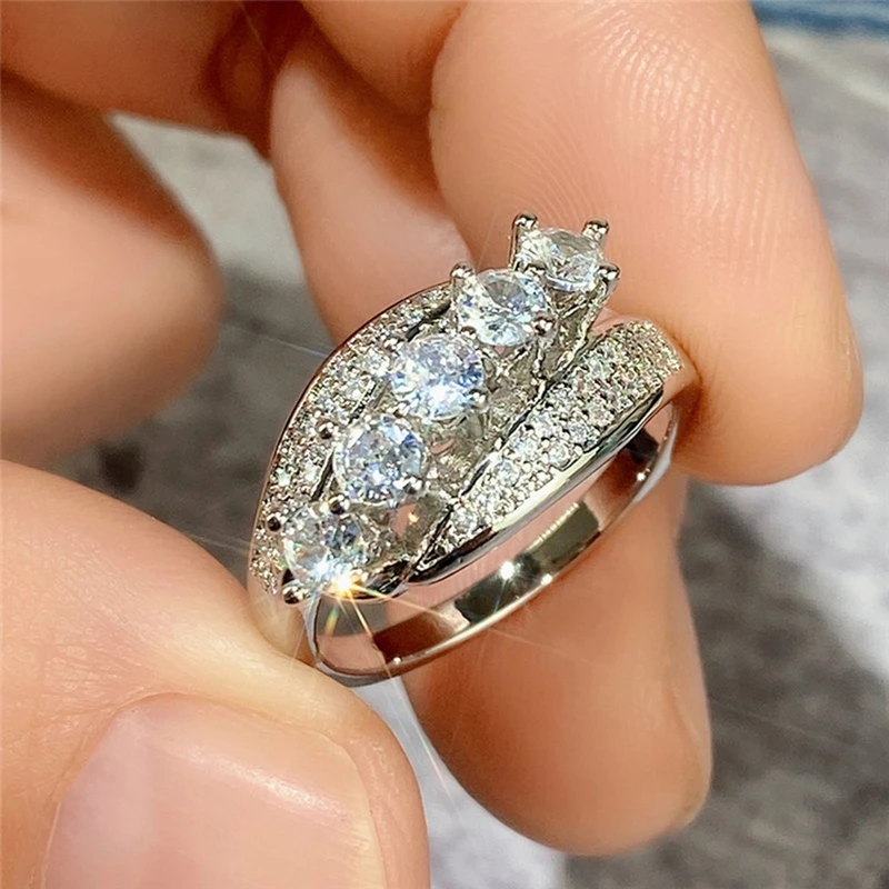 

Luxury Five Stone Round Cut White Cubic Zirconia Rings For Women Silver Plated Asymmetrical Jewelry Banquet Party Ring
