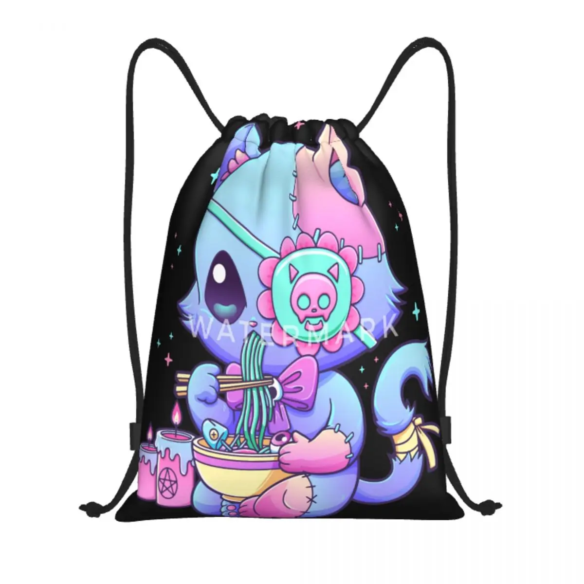 Pastel Goth Aesthetic Kawaii Creepy Cat Eating Ram Drawstring Bags,Backpack Holiday With Drawstring Bag For Daily Unisex