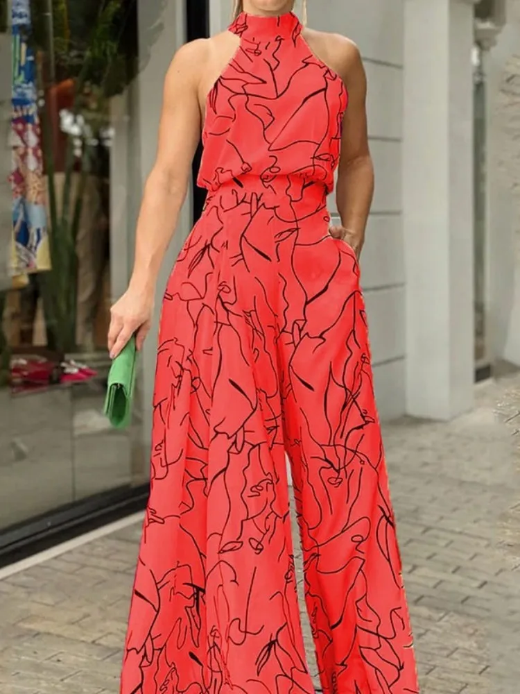 Lace-up Sleeveless Jumpsuits for Women Trend Lines Summer Outfits Loose Causal One Piece Fashion Aesthetic Monos Mujer Elegante