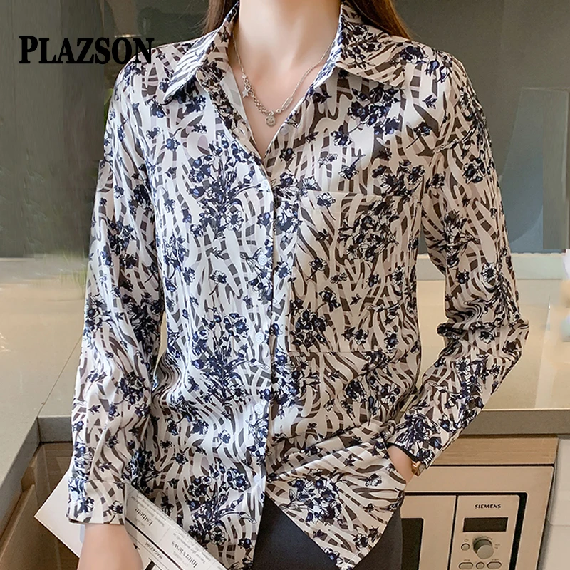 

PLAZSON Vintage Print Women Shirt Autumn Long Sleeve Slim Lapel Button-up Blouses Casual Tops Camisas De Mujer قمصان وبلوزات