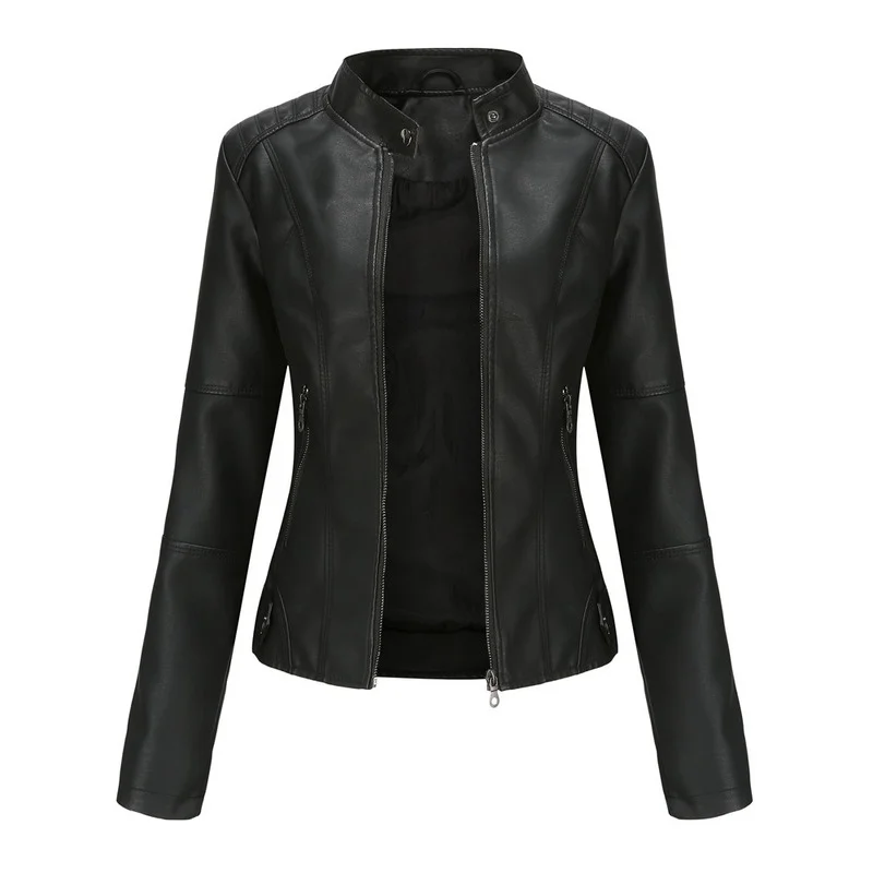 Leather Jacket Women's European Size Slim Leather Thin Spring and Autumn Coat Ladies Motorcycle Suit Plus Size Stand Collar