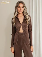 clacive sexy long sleeve shirts set woman 2 pieces bodycon brown pleated pants set female elegant high waist wide trouser suits