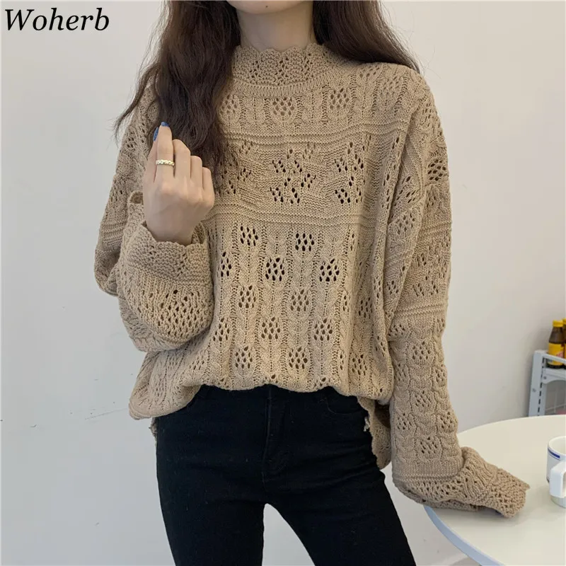 Свитер Женский вязаный Woherb с воротником-хомутом свободный винтажный 4e995 2021 |