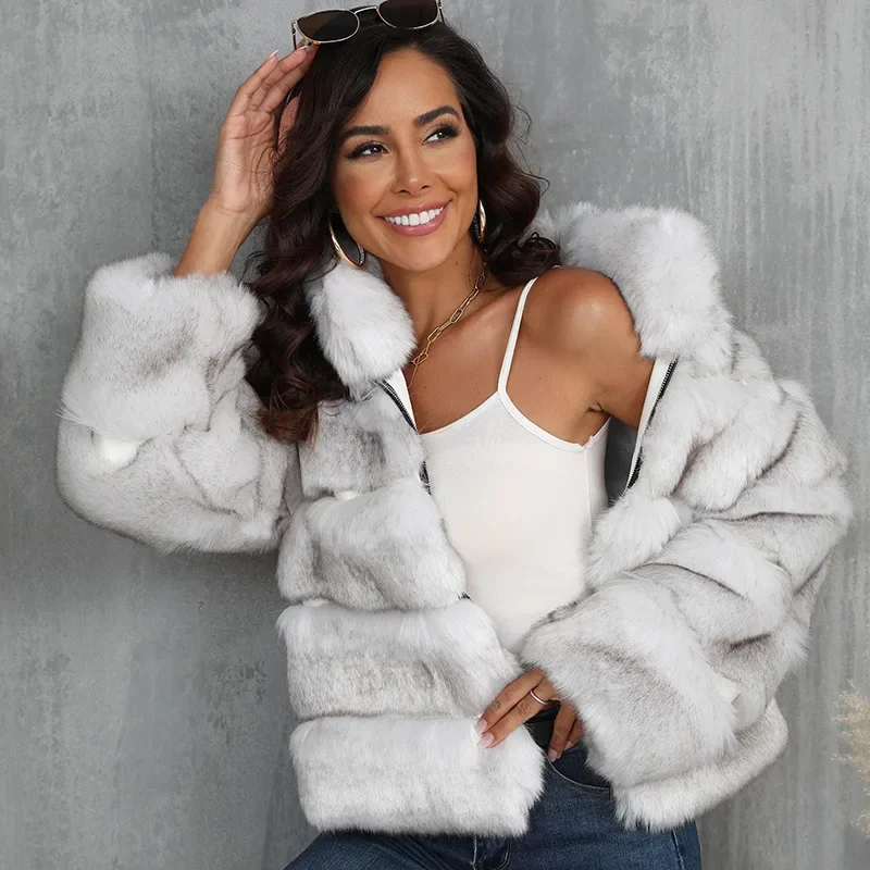Krótka kurtka ze sztucznego futra dla kobiet Gruby płaszcz z pełnym rękawem Ciepły solidny zamek błyskawiczny stójką Elegancka damska odzież