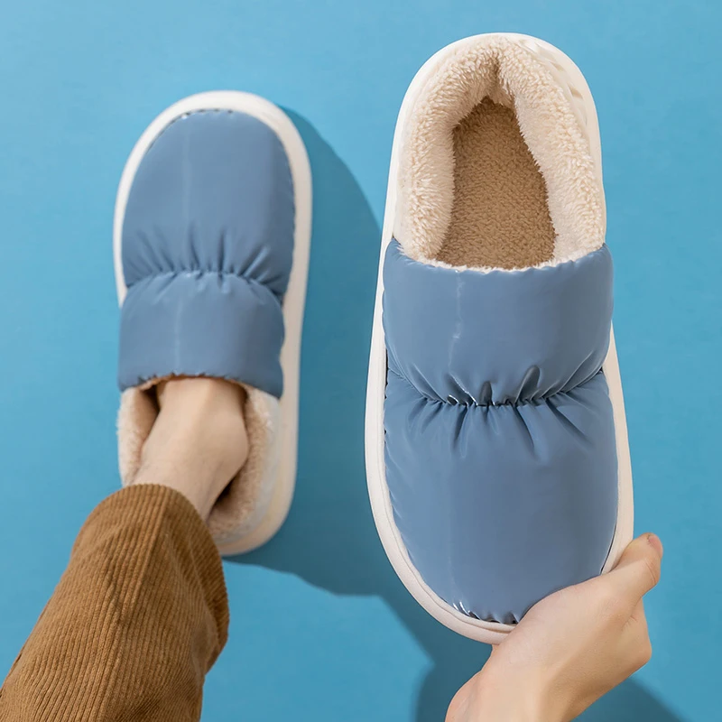 

Зимние теплые домашние тапочки для мужчин и женщин, домашняя обувь на плоской подошве, плюшевые сланцы, ткань, водонепроницаемая обувь, крос...