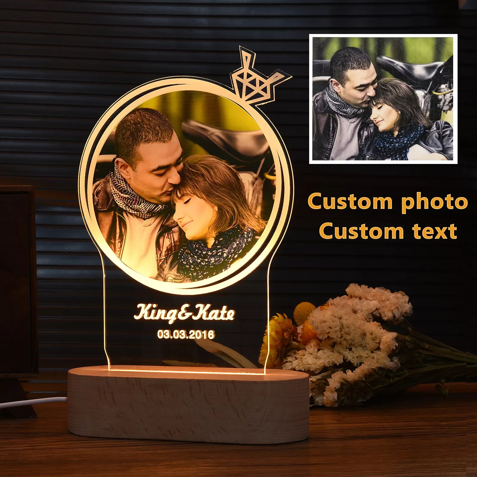 

Customized Photo Frame USB Creative Wooden Base With Led Light Living Room Bedroom Decoration Custom Text Photo