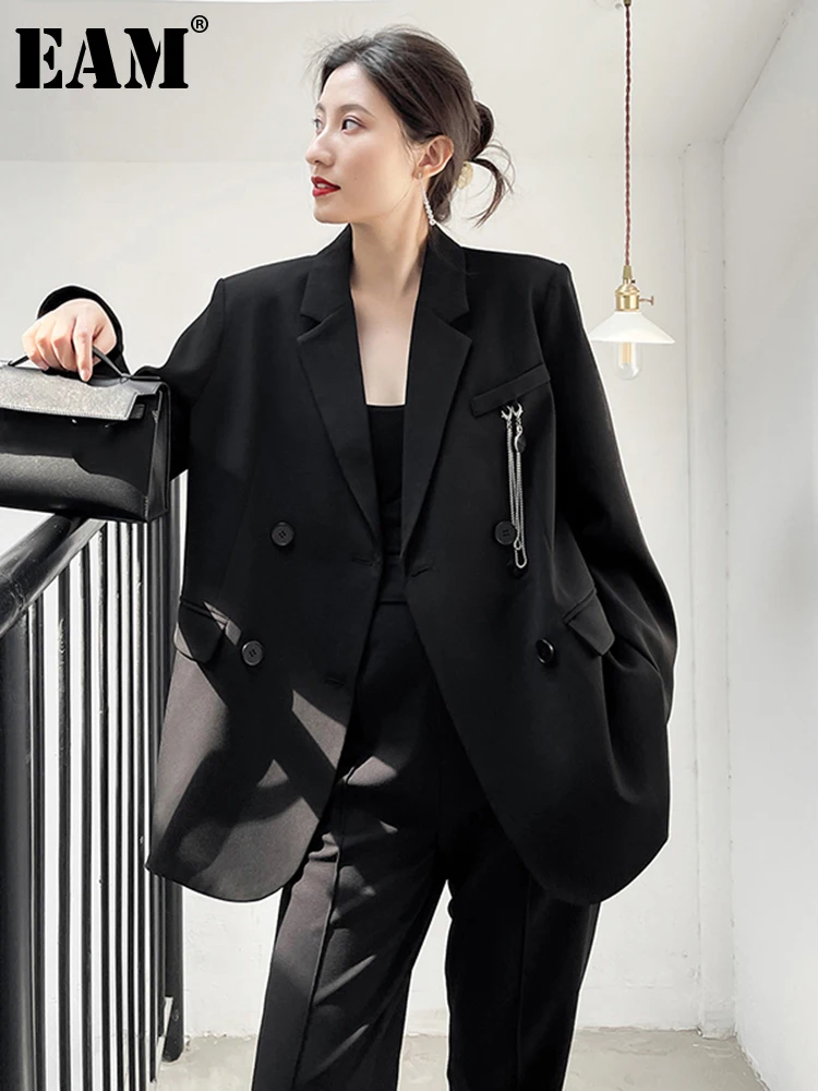 

[EAM] Women Black Brief Big Size Casual Blazer New Lapel Long Sleeve Loose Fit Jacket Fashion Tide Spring Autumn 2022 1DE2902