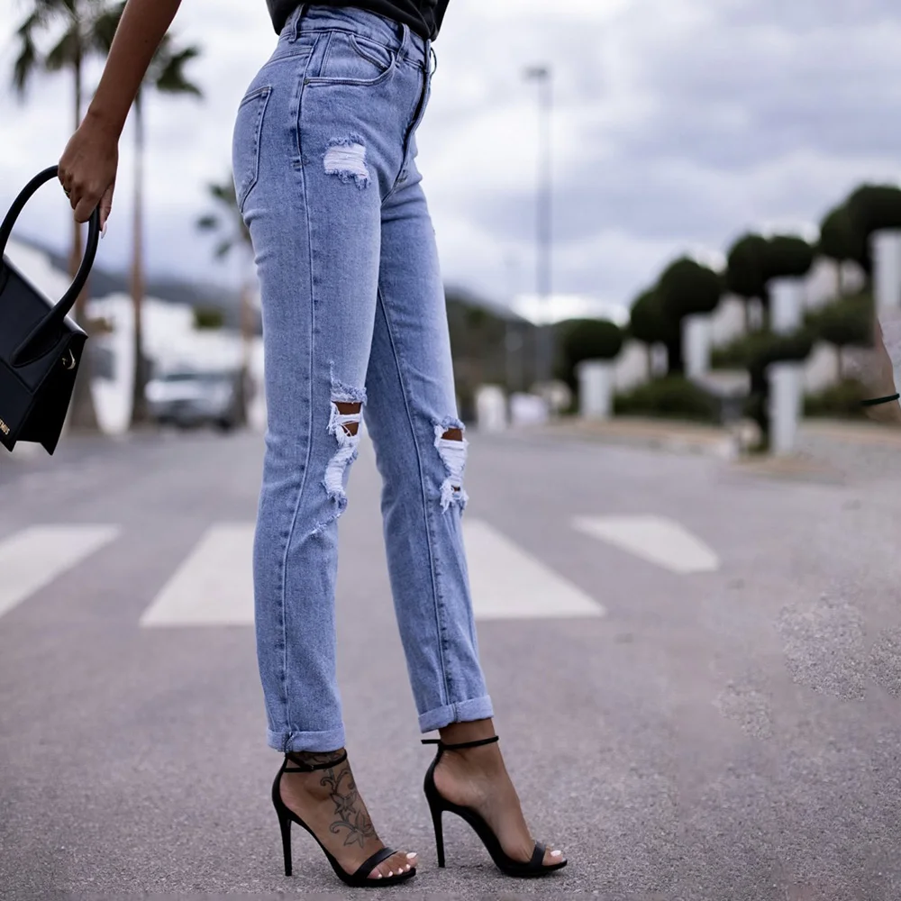 2023 Spring New Women Stylish And Elegant Ol Blue Jeans Casual Commuter Distressed Ripped Straight Jeans Female