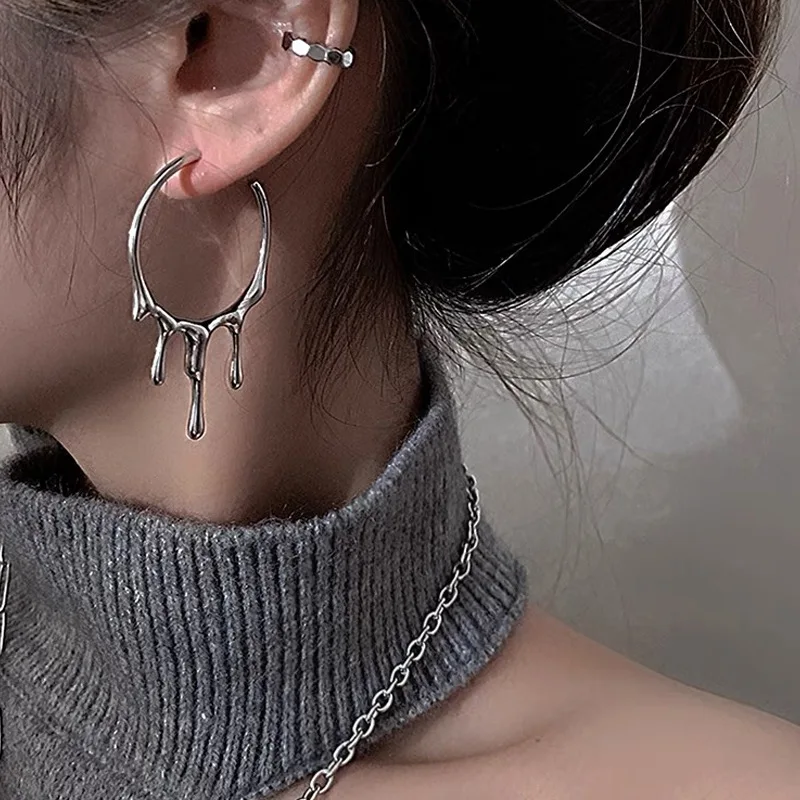 2022 New Punk Gothic Silver Color Lava Drop Shape Irregular Big Hoop Earrings for Women Men Fashion Korean Liquid Metal Jewelry
