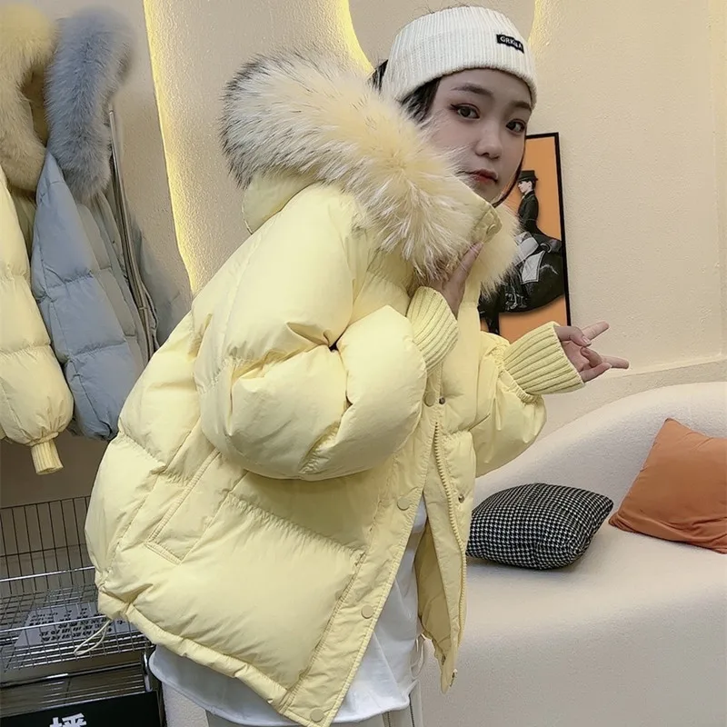 Big fur collar down jacket women's short winter thick loose knit sleeves cream yellow
