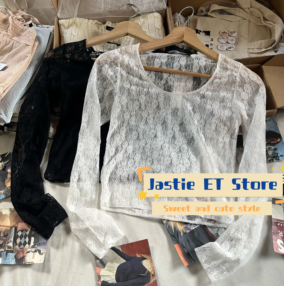 Кружевная Прозрачная Футболка с цветочным рисунком и длинным рукавом