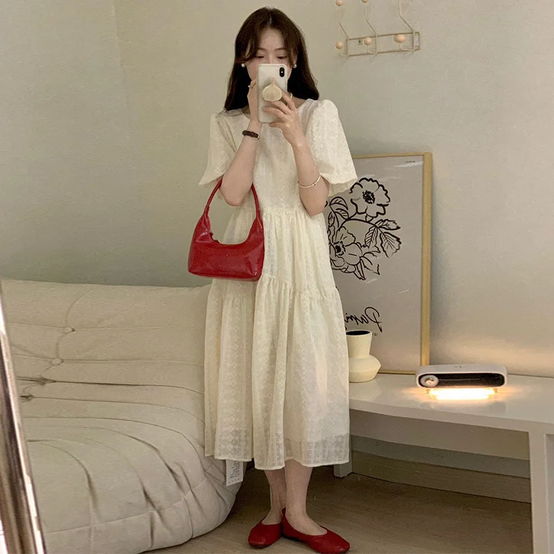 

Gentle temperament heavy industry lace dress loose puff sleeves hollow hook flower embroidery long skirt women