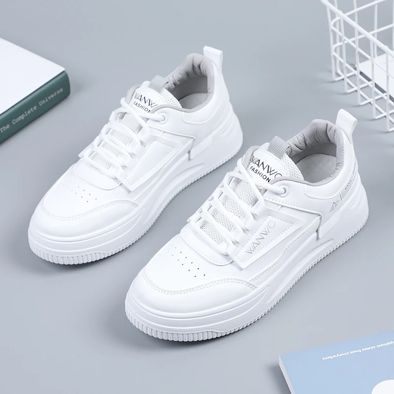 

Fashion White Split Leather Women Chunky Sneakers White Shoes Lace Up Tenis Feminino Zapatos De Mujer Platform Women Casual Shoe