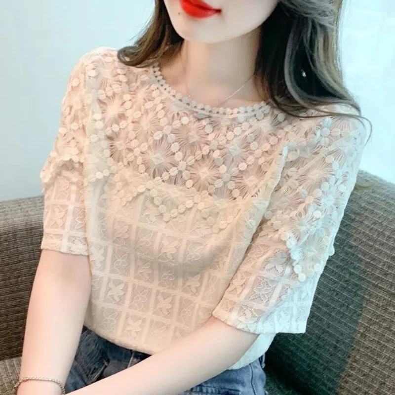 Женская футболка с круглым вырезом однотонная кружевная Простая Офисная