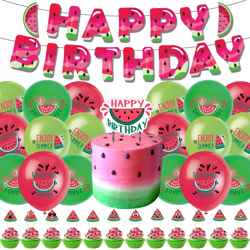 

Fruit Theme Birthday Party Decoration Happy Birthday Supplies Watermelon Banner Cake Flag Balloon Decoration Accessories