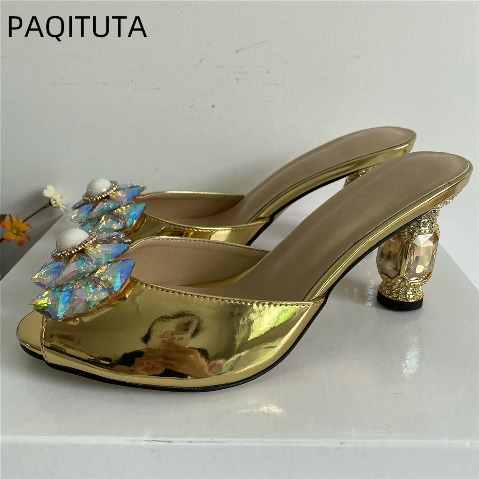 

Iridescent Crystal Flower Buckle Sandals Women Diamond Rhinestone High Heel Patent Leather Slingbacks Summer Shoes