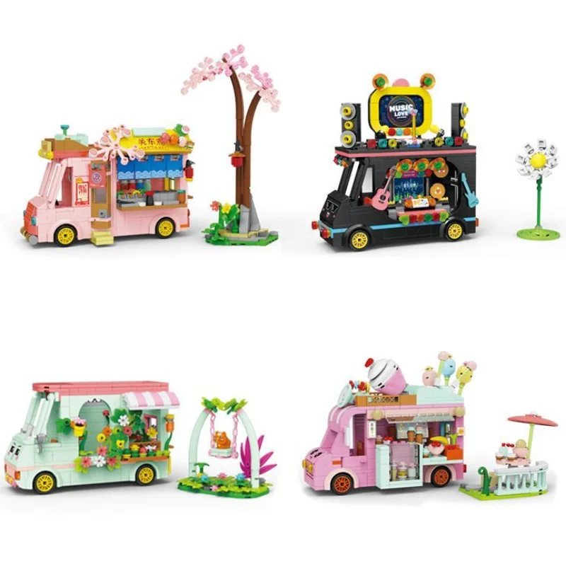 New Girls Fairy Tale Town Street Trucks Assemble Street Scene Building Blocks Pink Flora House Car for Girls Gifts Aged 6+