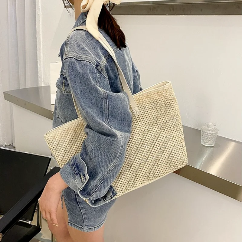 Fashion Women Beach Summer Straw Woven Pure Color Shoulder Shopping Tote Bag Casual Ladies Large Capacity Handbags images - 6