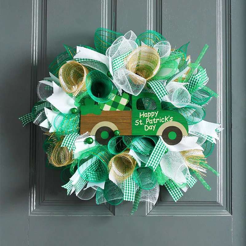 

40CM St Patricks Day Shamrock Wreath Irish Faceless Doll Door Window Pendant Ribbon Green Garland Home Wall Decorations