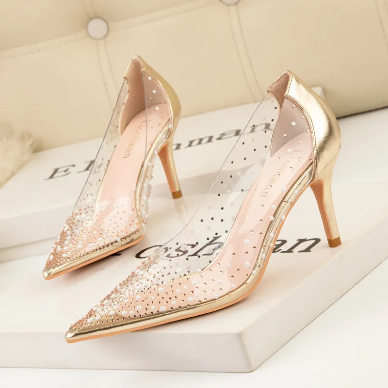 

Women's High-heeled Shoes Transparent Hollow Pearl Sparkling Rhinestones New Toe Monochrome Belt Buckle Fashion Single Shoes