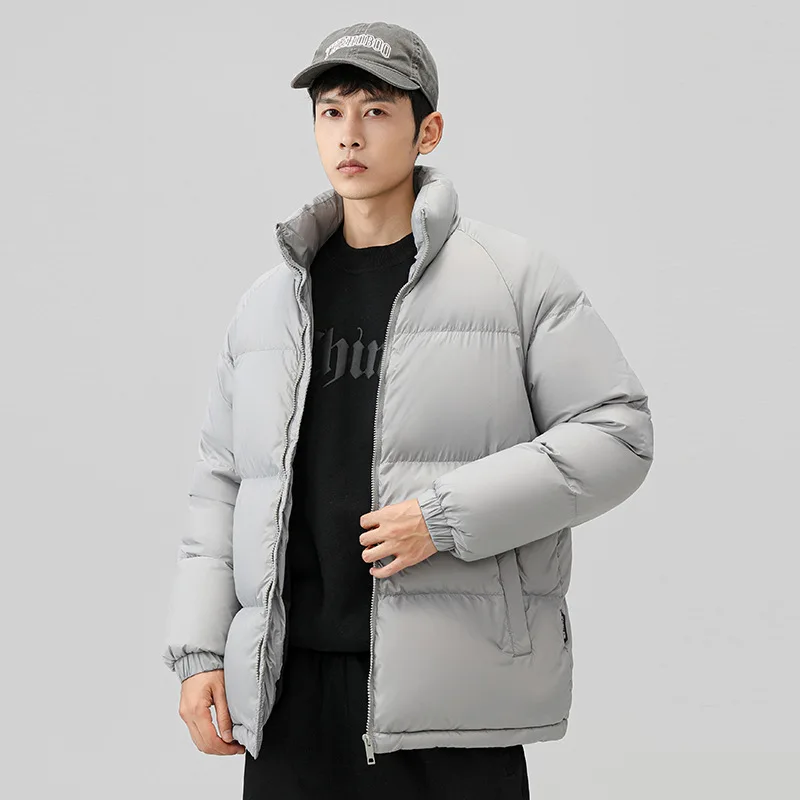 Мужской пуховик с воротником-стойкой теплый однотонный плюшевой подкладкой зима