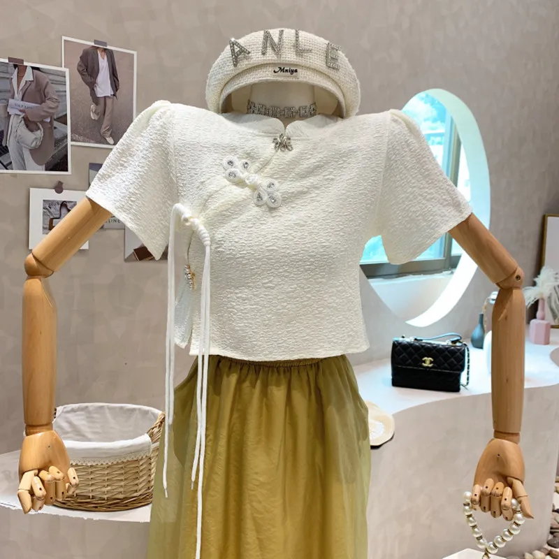 

New Women's Clothing 2022 Summer Design thin vintage dish button puff short shirt top blusas mujer de moda 2022