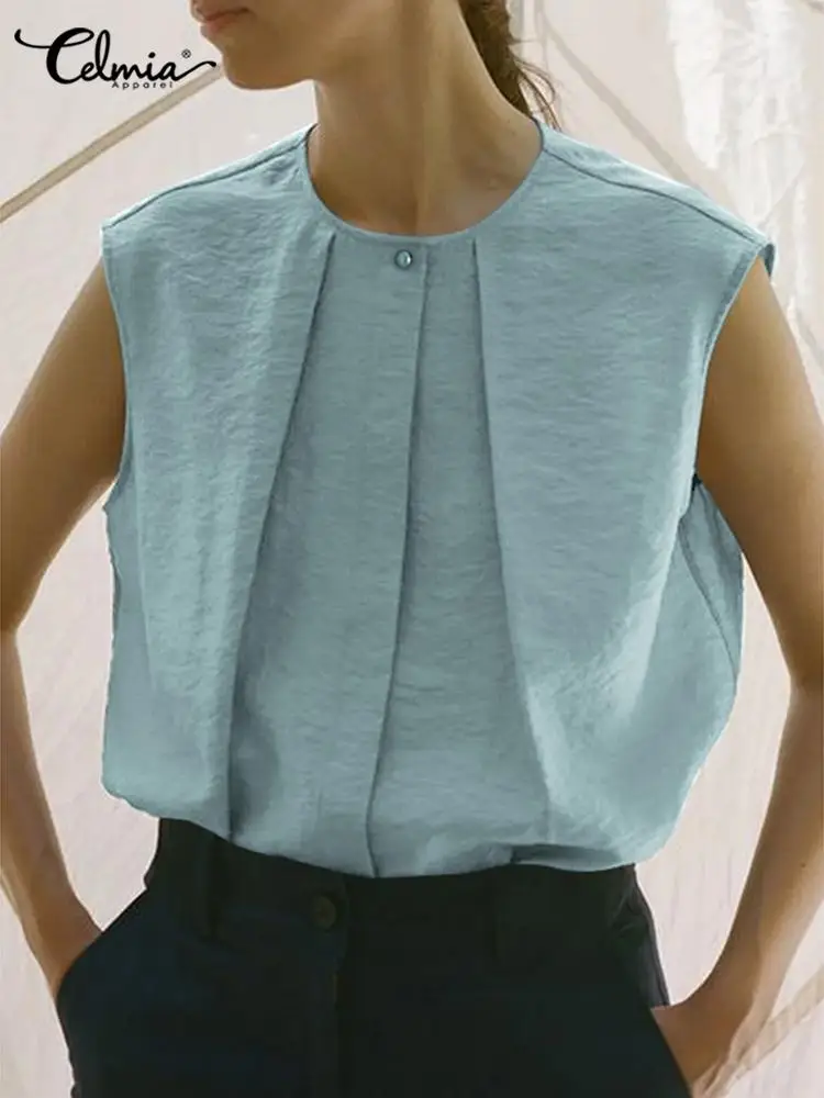 

Блузка Celmia женская с круглым вырезом, модный топ со складками, без рукавов, на пуговицах, Повседневная Свободная универсальная туника с скла...