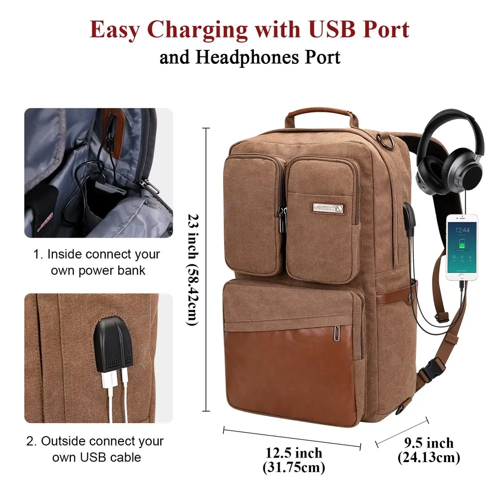 Vintage Canvas Backpack with USB Charging Port Unisex Large Luggage Bag for Travel 6617 Brown