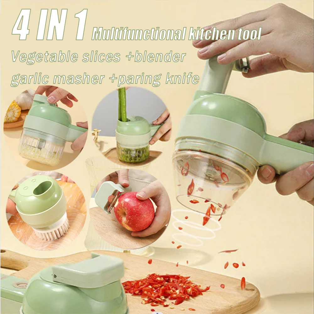 

4 in1 Multifunctional Electric Vegetable Cutter Slicer Garlic Mud Masher Garlic Chopper Cutting Pressing Mixer Food Slice Gadget