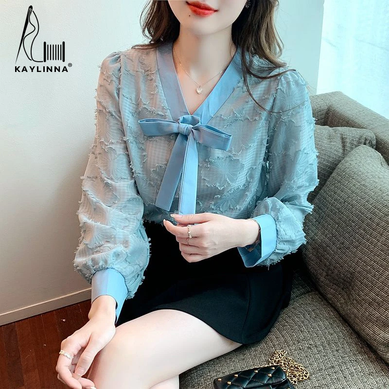 KAYLINNA 2022 Elegant Hollow Out Patchwork Lace-up Bow Blouse Women Casual Shirts Long Sleeves Woman Blouses Chiffon Shirt Tops