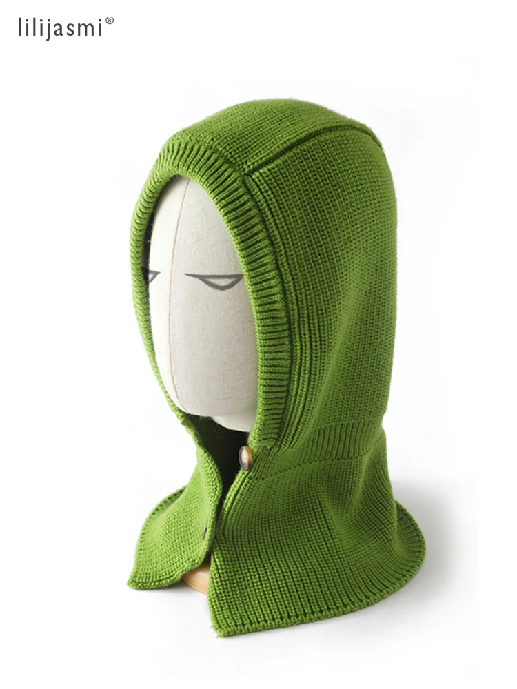 

Knitted Balaclava Hat Thick Autumn Winter Soft Wool Hood 2 Buttons Scarf Elegant Beanies Women Men Neck Warm Unisex Headgear Cap