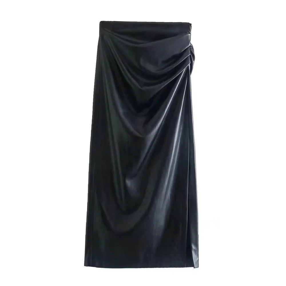 

Fall and winter new women's fashion temperament versatile high waist imitation leather pleated straight-through skirt