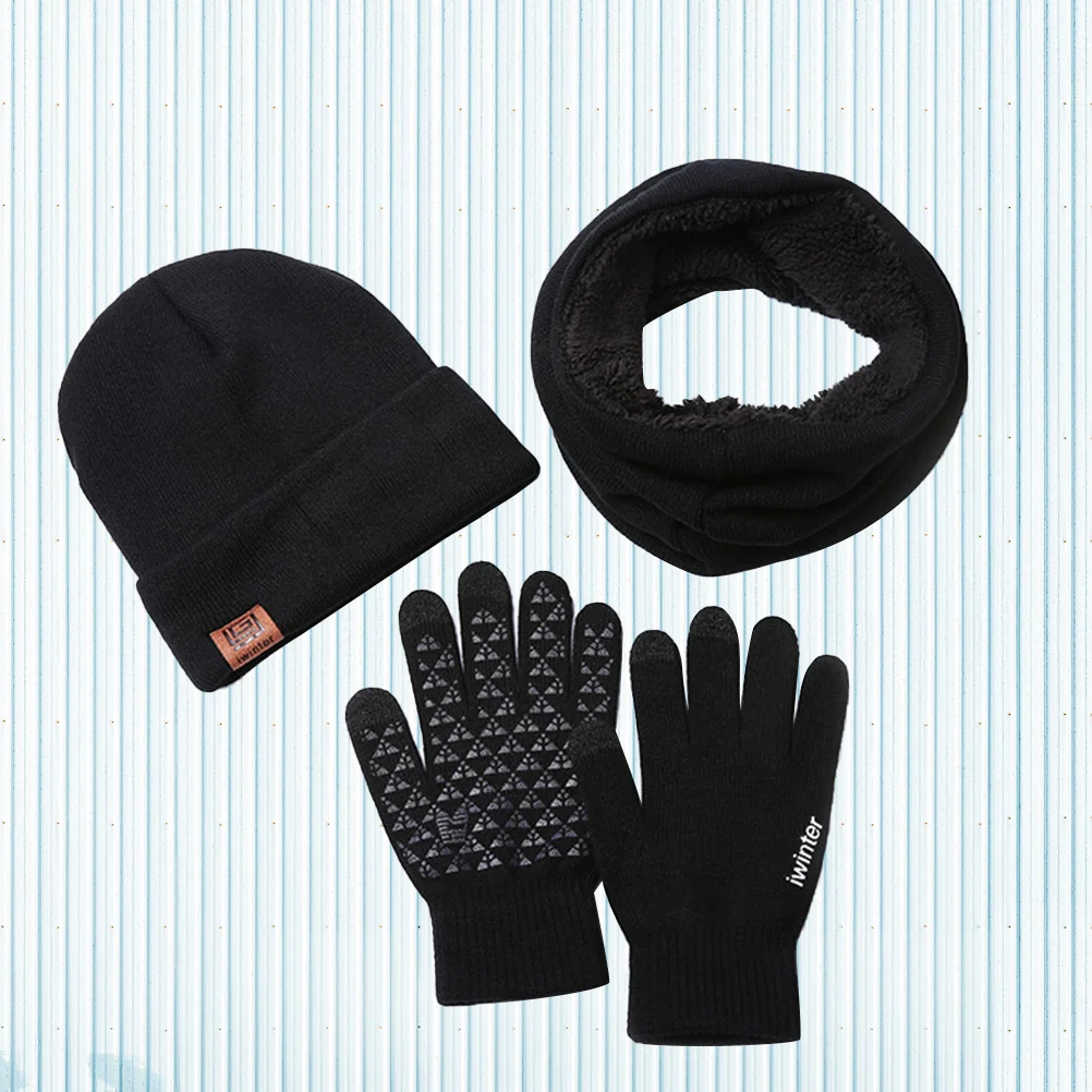 

3Pcs Winter Warm Hat Scarf Set Camouflage Knitting Hat Set for Men Gift Set(Black)