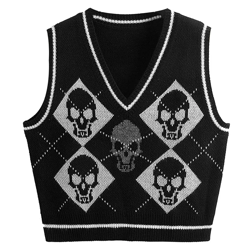 Gothic Knit Sweater Vest Skull Argyle Print Pattern Knitwear V-neck Pullover Fashion Jumper Top Women Halloween Streetwear